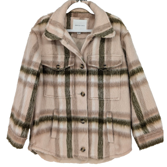 American Eagle Womens Cream Fuzzy Plaid Chore Shacket Gorpcore Outdoor Small - Picture 1 of 10